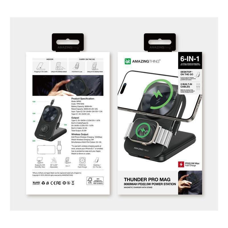 AmazingThing Thunder Pro Mag 6 in 1 PD 22.5W 8000mAh Power Station With Stand - Black, , large image number 2