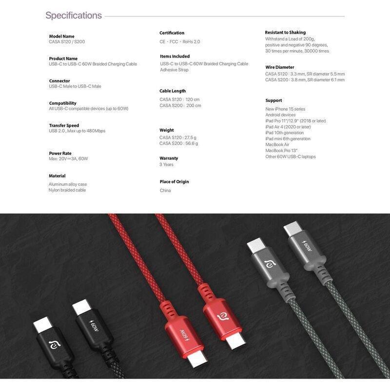 ADAM Elements CASA S200 - USB-C to USB-C 60W Charging Cable 200 cm - Black, , large image number 9