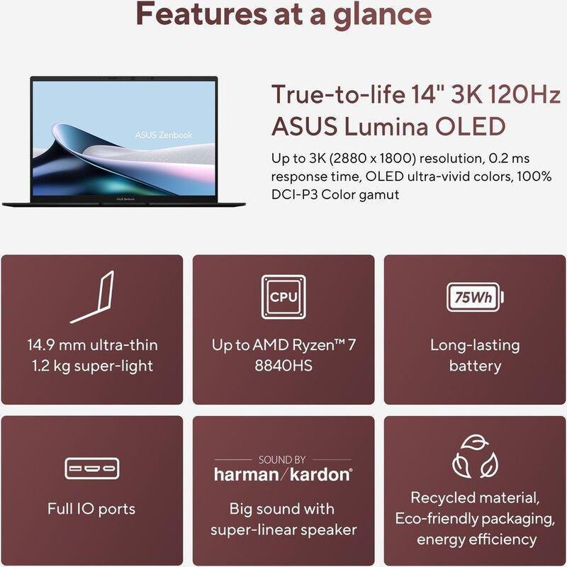 ASUS Zenbook 14 OLED Laptop - UM3406HA-OLEDR7W - AMD Ryzen R7-8840HS/16GB RAM/1TB SSD/AMD Radeon Graphics/14-inch FHD (1920 x 1080) OLED/Windows 11..., , large image number 3
