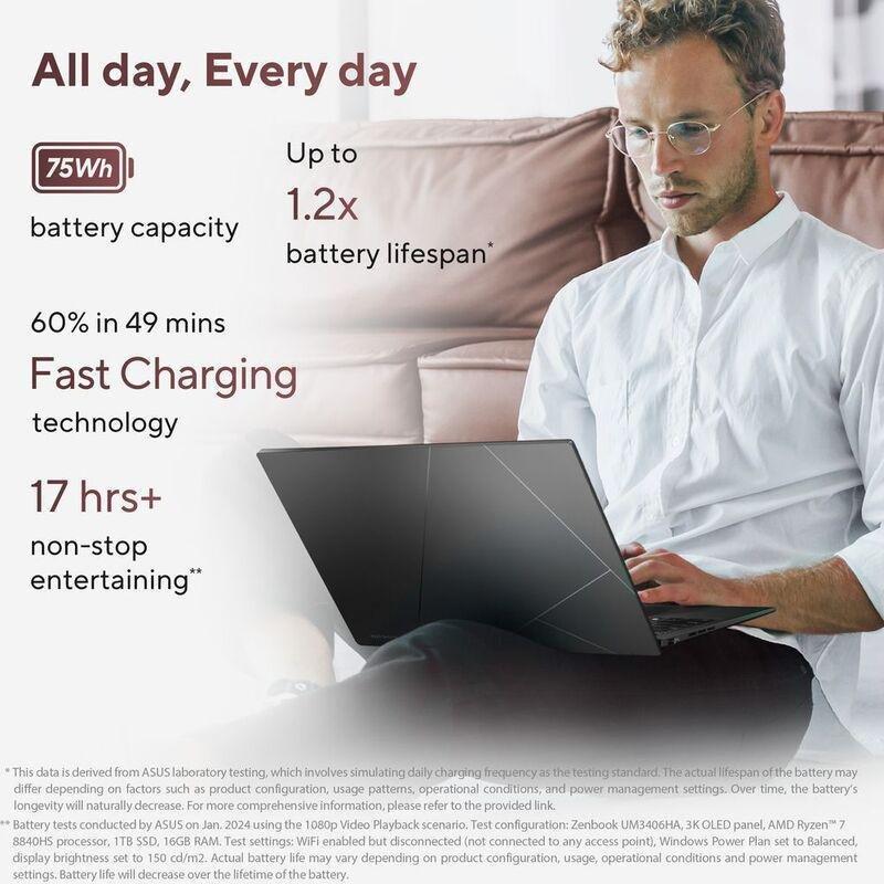 ASUS Zenbook 14 OLED Laptop - UM3406HA-OLEDR7W - AMD Ryzen R7-8840HS/16GB RAM/1TB SSD/AMD Radeon Graphics/14-inch FHD (1920 x 1080) OLED/Windows 11..., , large image number 5
