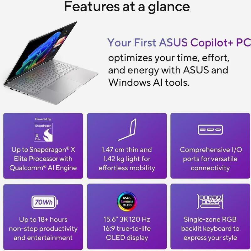 ASUS Vivobook S 15 OLED S5507QA-MA001W Qualcomm Snapdragon X Elite X1E 78-100/32GB RAM/1TB SSD/Qualcomm Adreno GPU/15.6-inch 3K(2880x1620) OLED 120..., , large image number 4