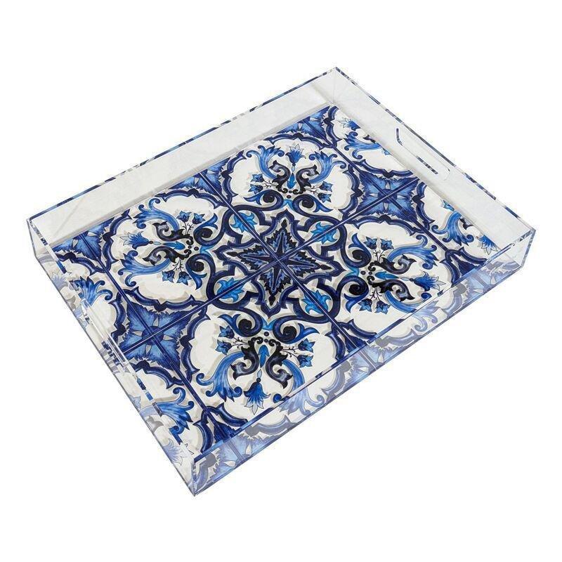 Roomours Majolica Tray Acrylic Blue & White (40 x 30 cm), , medium