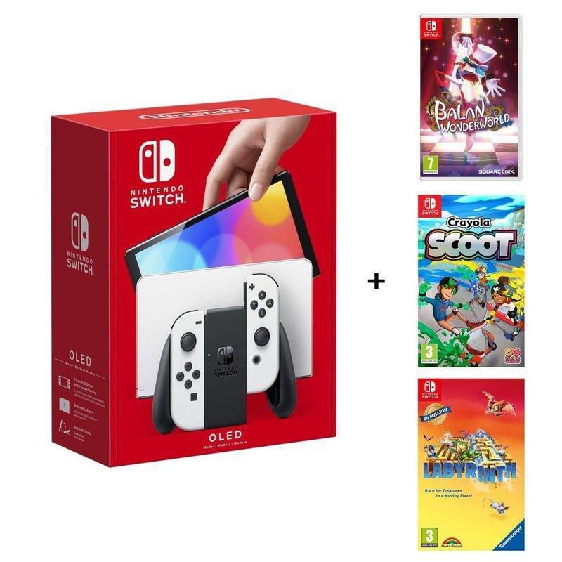 Nintendo Switch OLED White Console + Balan Wonderworld + Crayola Scoot + Ravensburger: Labyrinth (Bundle), , large image number 0