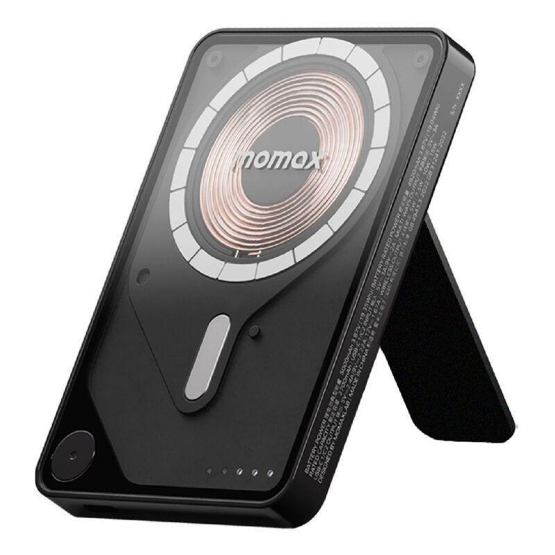 Momax 1-Power X Pro 5000mAh Magnetic Wireless Power Bank With Stand And Built-In USB-C Cable - Black, , medium