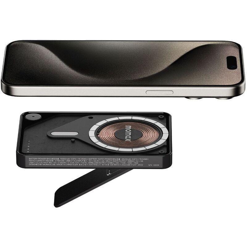 Momax 1-Power X Pro 5000mAh Magnetic Wireless Power Bank With Stand And Built-In USB-C Cable - Black, , large image number 2