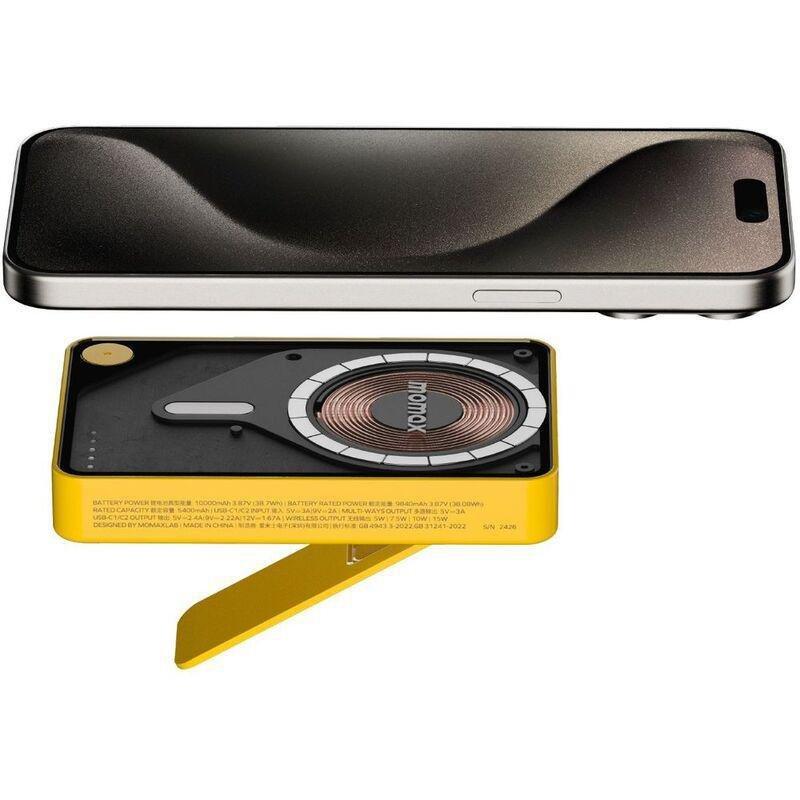 Momax 1-Power X Pro+ 10000mAh Magnetic Wireless Power Bank With Stand And Built-In USB-C Cable - Yellow, , large image number 2