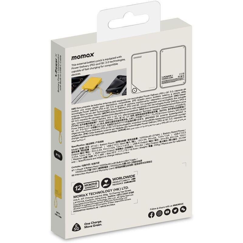 Momax 1-Power X 10000mAh Power Bank With Built-In USB-C Cable - Yellow, , large image number 4