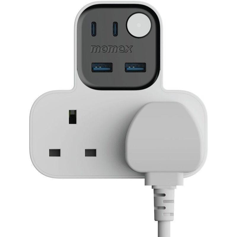 Momax 1-Charger Work Flow T-Shaped Extention 2 Socket With USB - White, , large image number 1