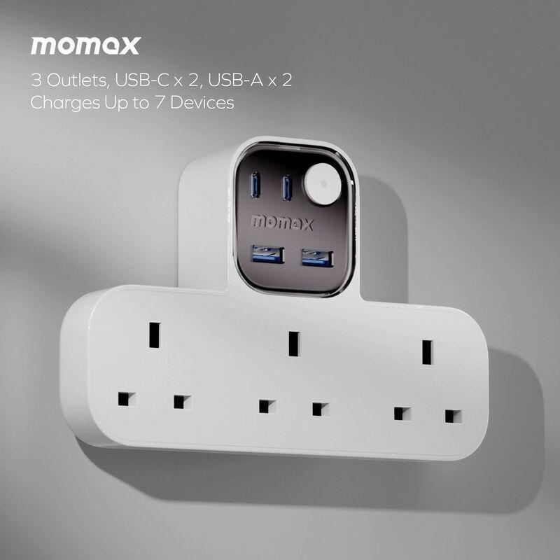 Momax 1-Charger Work Flow T-Shaped Extention 3 Socket With USB - White, , large image number 3