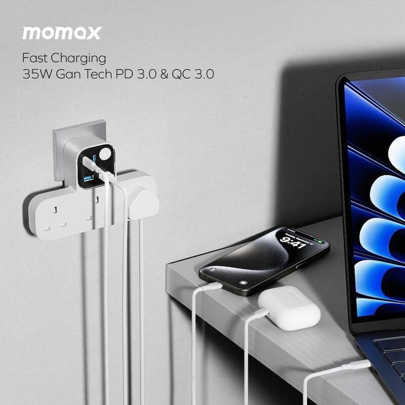 Momax 1-Charger Work Flow T-Shaped Extention 3 Socket With USB - White, , large image number 5
