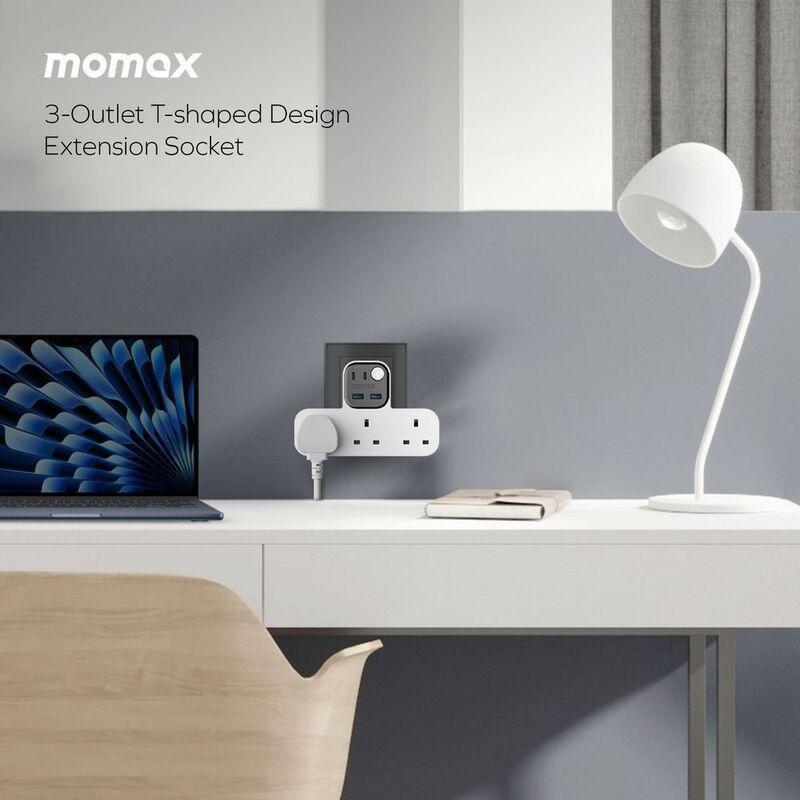 Momax 1-Charger Work Flow T-Shaped Extention 3 Socket With USB - White, , large image number 6