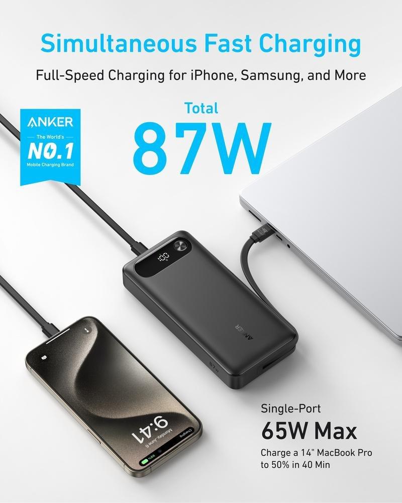Anker Power Bank 20000Mah 87W Built-In USB-C Cable- Black, , large image number 1