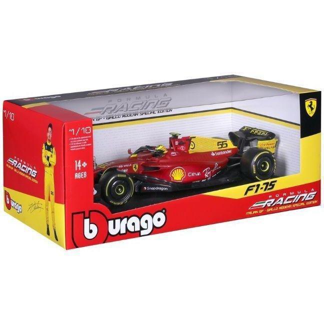 Bburago Formula Racing Carlos Sainz Jr. #55 with Ferrari F1-75 Giallo Modena 4th Place In Italin Grand Prix F1 2022 Die-Cast Model Car 1:18 Scale, , large image number 1