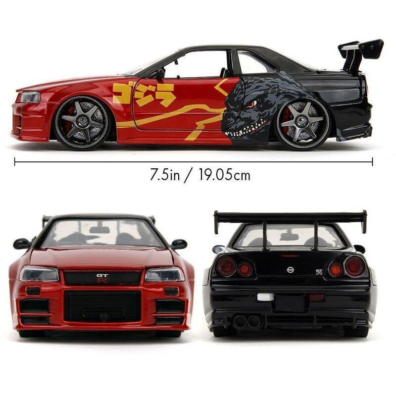 Jada Toys Godzilla 2002 Nissan Skyline Gt-R R34 Diecast Model Car 1.24 Scale, , large image number 1
