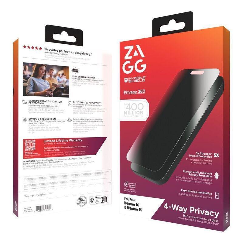 Zagg Invisibleshield Glass Elite Privacy 360 Screen Protector for Apple iPhone 16/ 15, , large image number 1