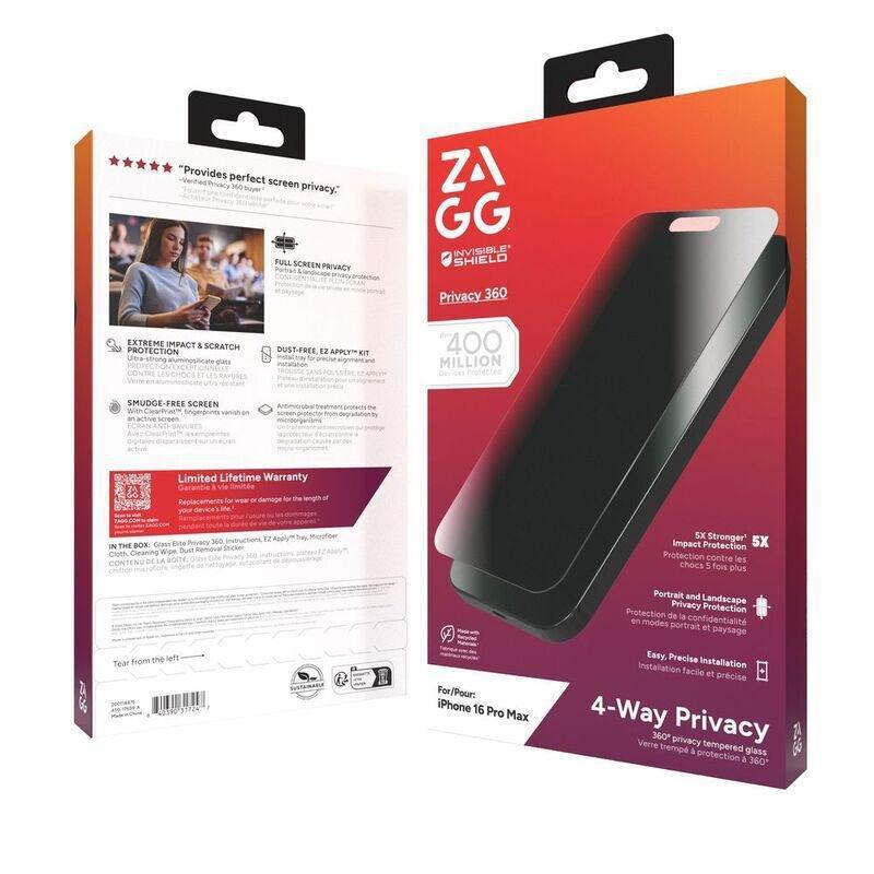 Zagg Invisibleshield Glass Elite Privacy 360 Screen Protector for Apple iPhone 16 Pro, , large image number 1