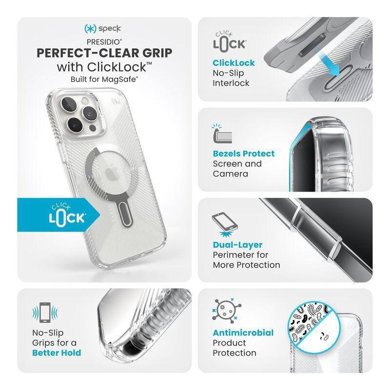 Speck iPhone 16 Pro Max Presidio Perfect Clear Grip Case With MagSafe And ClickClock - Clear/Chrome, , large image number 3
