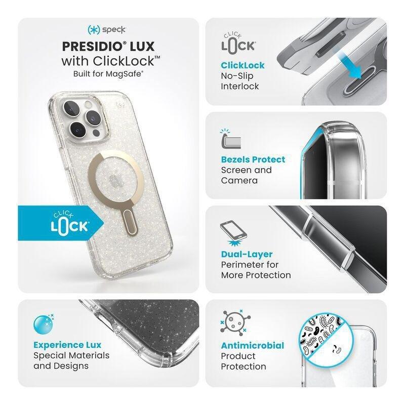Speck iPhone 16 Pro Max Presidio Lux Glitter Case With MagSafe And ClickClock - Clear/Gold Glitter, , large image number 2