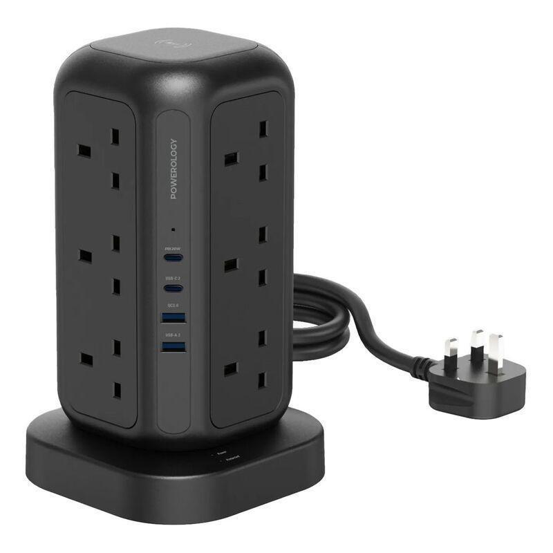 Powerology 35W Socket Tower With 15W Wireless Charger 3m - Black, , medium