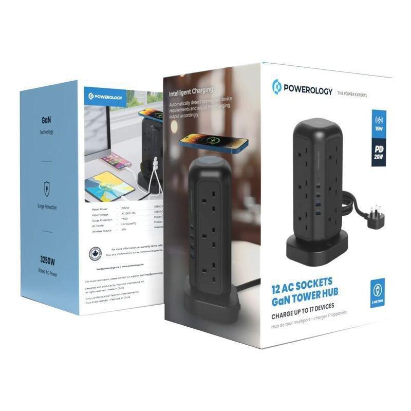 Powerology 35W Socket Tower With 15W Wireless Charger 3m - Black, , large image number 1