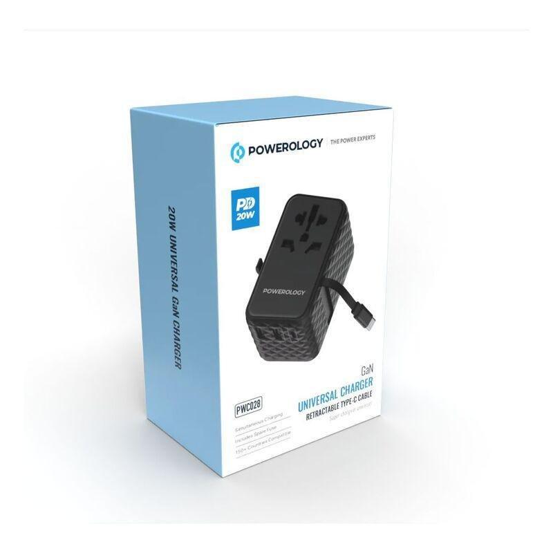 Powerology Gan 20W Pd Universal Adapter Retractable Type-C Cable - Black, , large image number 3