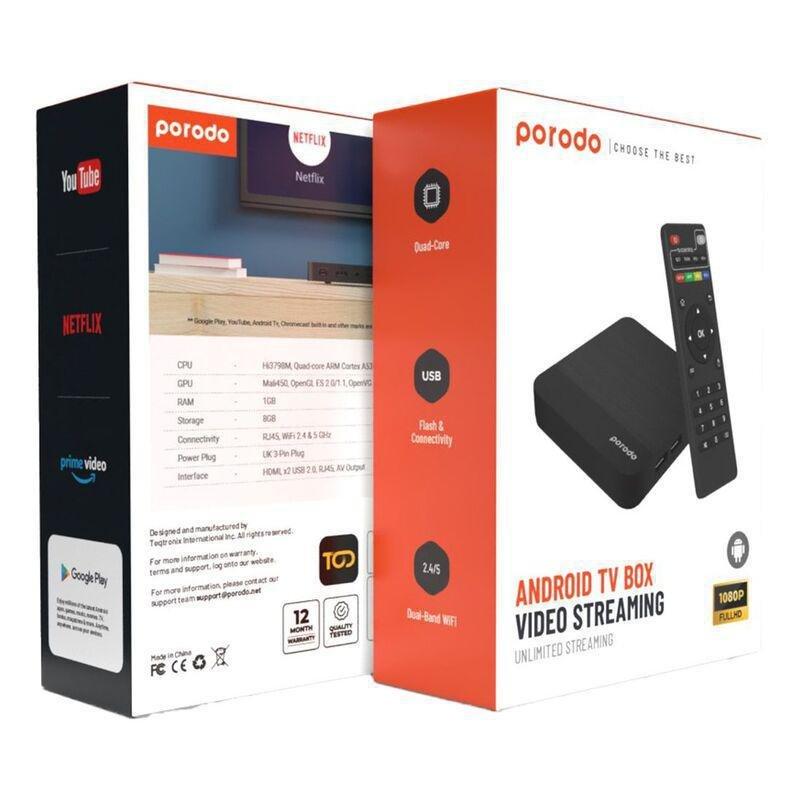 Porodo Android TV Box Video Streaming Unlimited Streaming - Black, , large image number 0