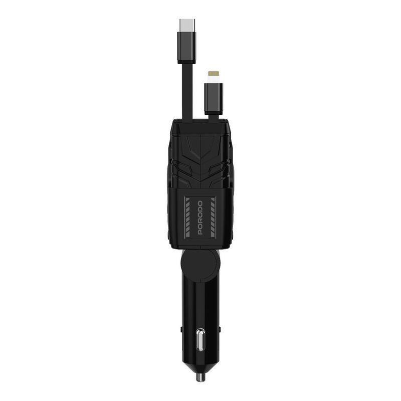 Porodo 66W Car Charger Lightning & Type -C Wires - Black, , large image number 1