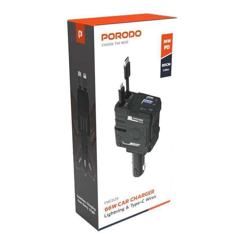 Porodo 66W Car Charger Lightning & Type -C Wires - Black, , large image number 5