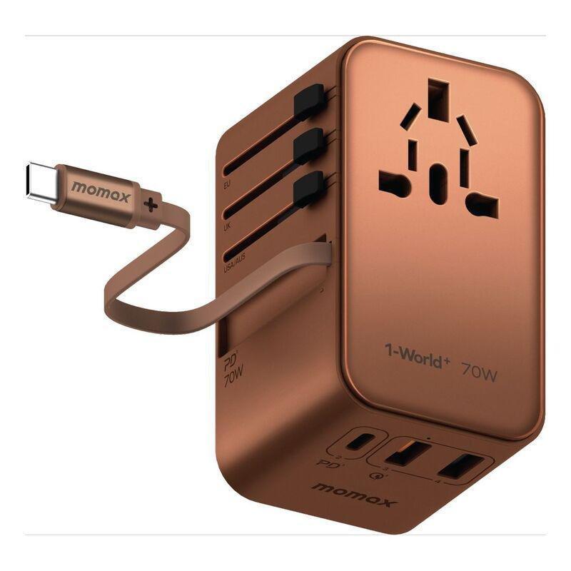Momax 1-World 70W Gan 3 Port With Built-In USB-C Cable Ac Travel Adaptor - Rose Gold, , large image number 0