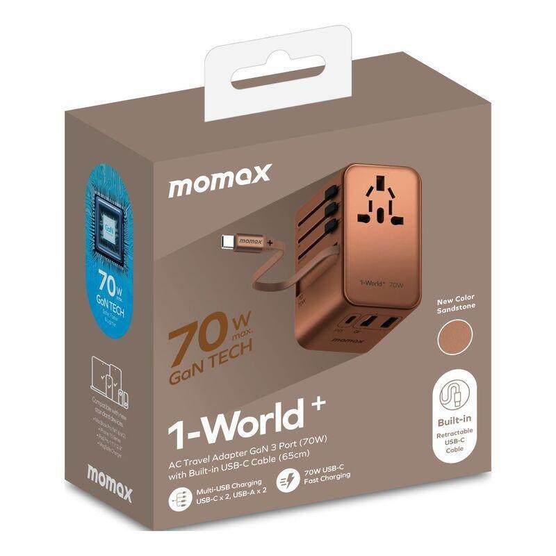 Momax 1-World 70W Gan 3 Port With Built-In USB-C Cable Ac Travel Adaptor - Rose Gold, , large image number 1
