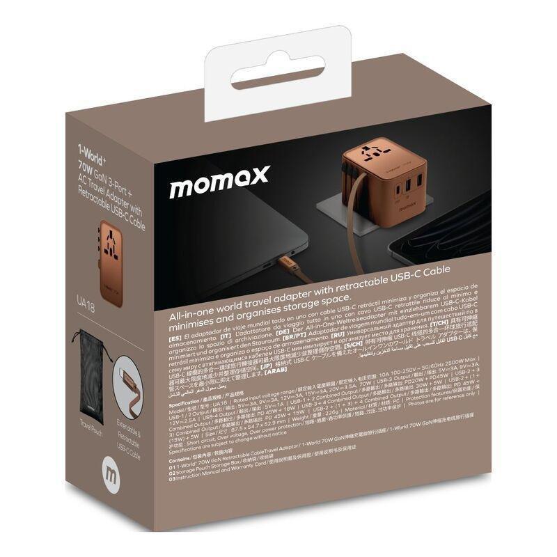 Momax 1-World 70W Gan 3 Port With Built-In USB-C Cable Ac Travel Adaptor - Rose Gold, , large image number 2