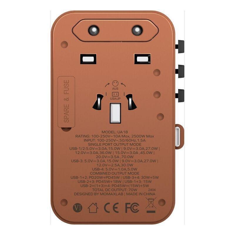 Momax 1-World 70W Gan 3 Port With Built-In USB-C Cable Ac Travel Adaptor - Rose Gold, , large image number 4