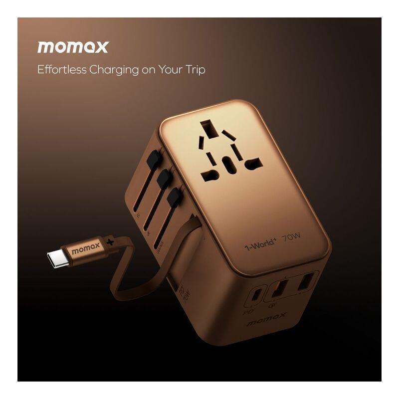 Momax 1-World 70W Gan 3 Port With Built-In USB-C Cable Ac Travel Adaptor - Rose Gold, , large image number 7