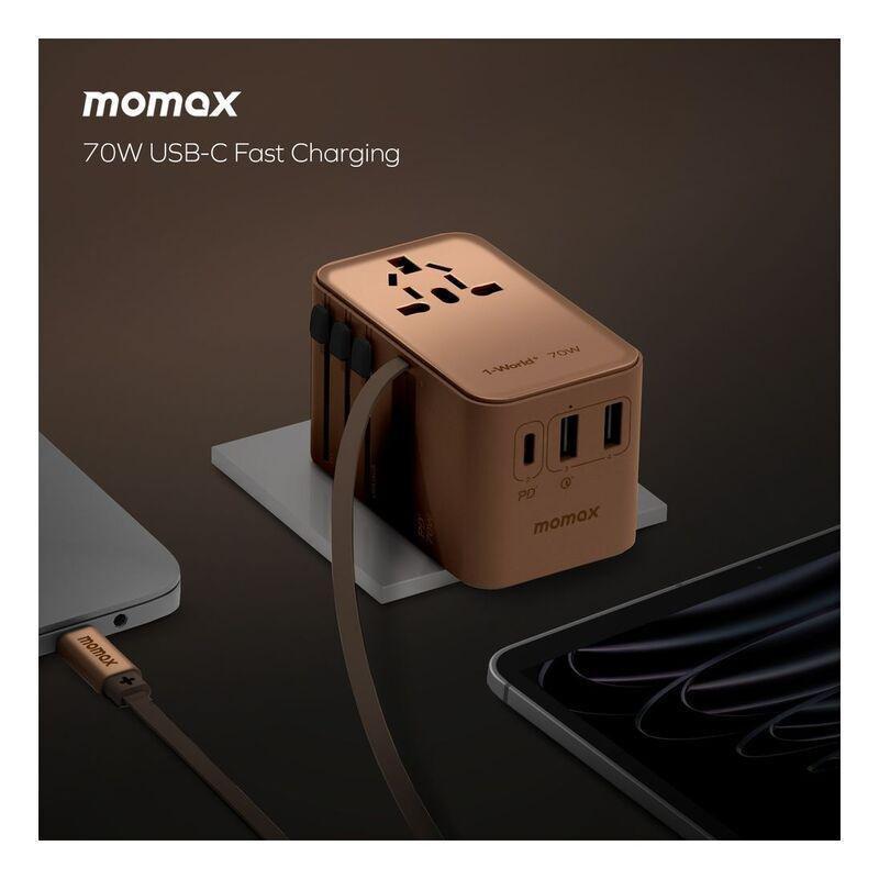 Momax 1-World 70W Gan 3 Port With Built-In USB-C Cable Ac Travel Adaptor - Rose Gold, , large image number 8