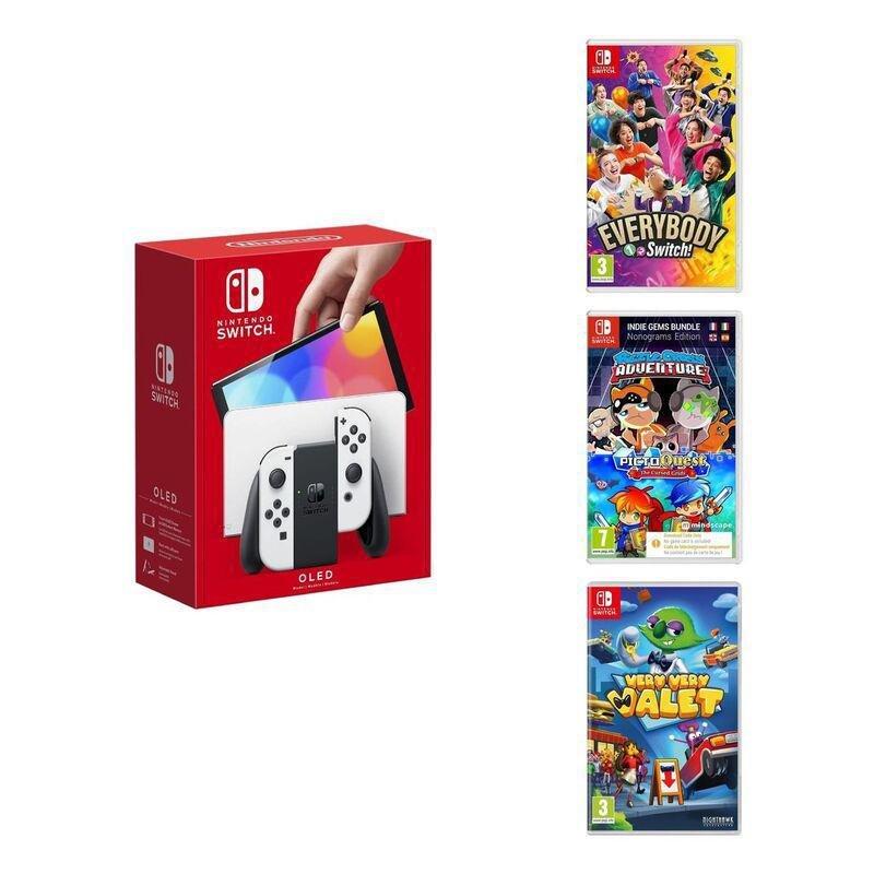 Nintendo Switch OLED White Joy-Con Console + Very Very Valet + Piczle Cross Adventure & PictoQuest + Everybody 1-2 Switch (Bundle), , large image number 0