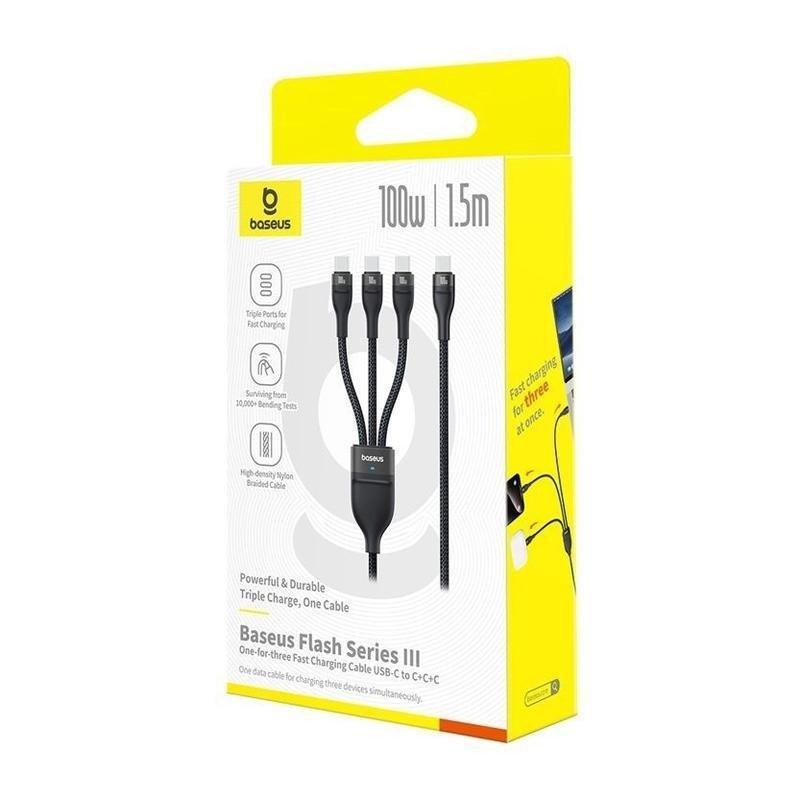 Baseus Flash Series 3 One-for-three Fast Charging Cable Type-C 100W 1.5m - Cluster Black, , medium