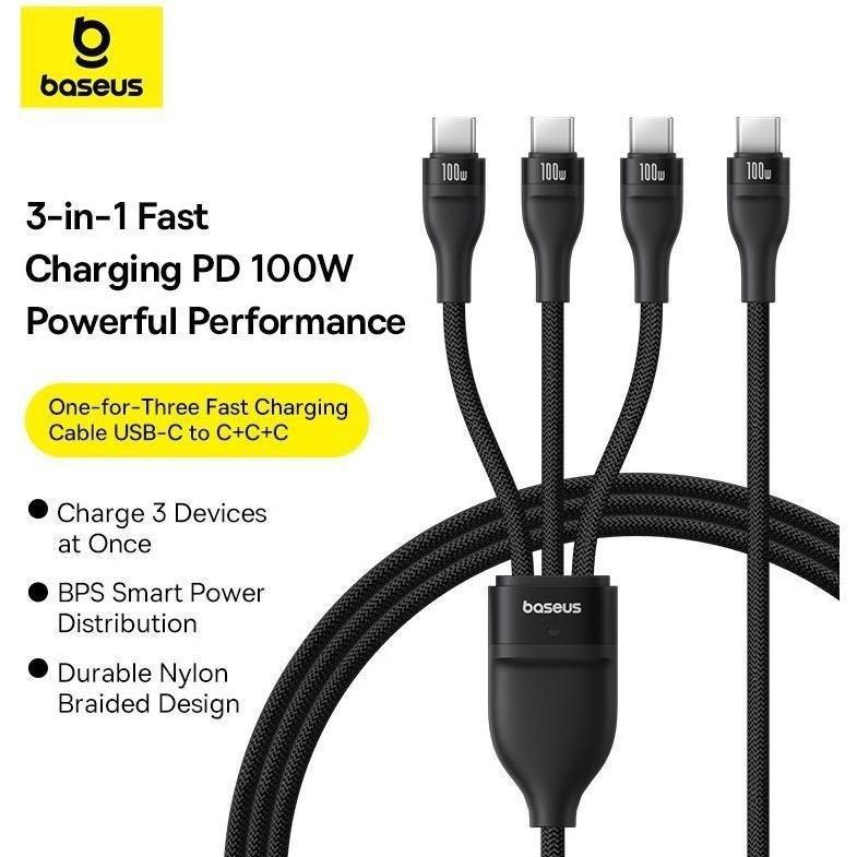 Baseus Flash Series 3 One-for-three Fast Charging Cable Type-C 100W 1.5m - Cluster Black, , large image number 1