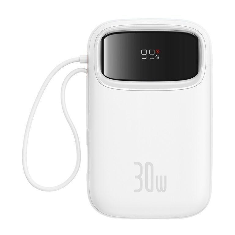 Baseus QPow2 Digital Display Fast-Charging Power Bank with 2 Built-in Type-C Cables 10000mAh 30W - Moon White, , medium