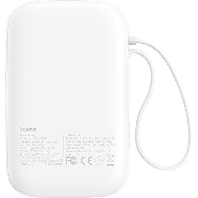 Baseus QPow2 Digital Display Fast-Charging Power Bank with 2 Built-in Type-C Cables 10000mAh 30W - Moon White, , large image number 1