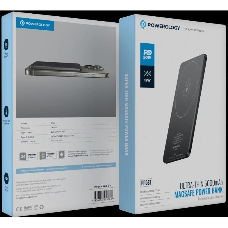 Powerology 5000mAh 15W Pd Type-C Magsafe Ultra Slim Power Bank - Grey, , large image number 1