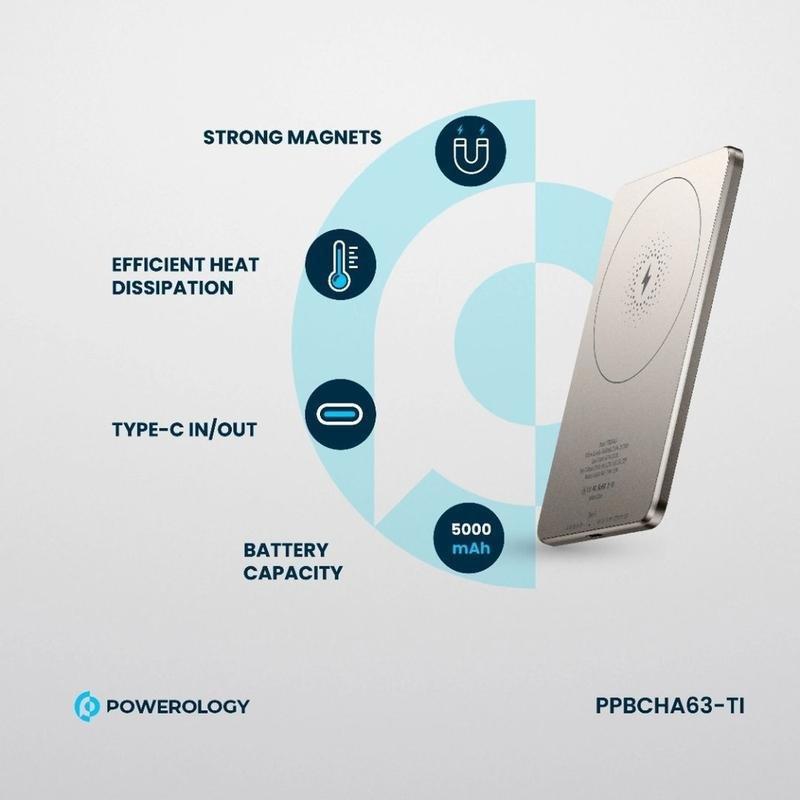 Powerology 5000mAh 15W Pd Type-C Magsafe Ultra Slim Power Bank - Titanium, , large image number 3