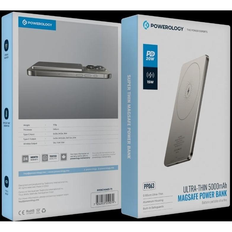 Powerology 5000mAh 15W Pd Type-C Magsafe Ultra Slim Power Bank - Titanium, , large image number 6