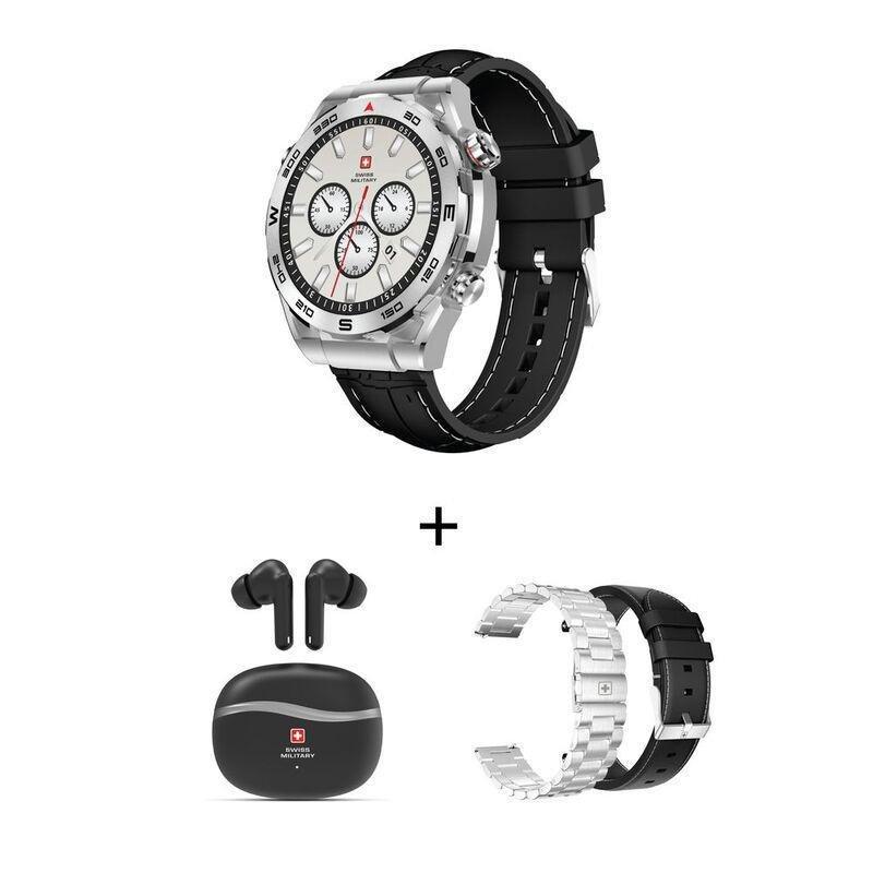 Swiss Military DOM3 Black Smartwatch + Watch Straps + Victor 4 ANC Wirless Earbuds - Black (Bundle), , large image number 0