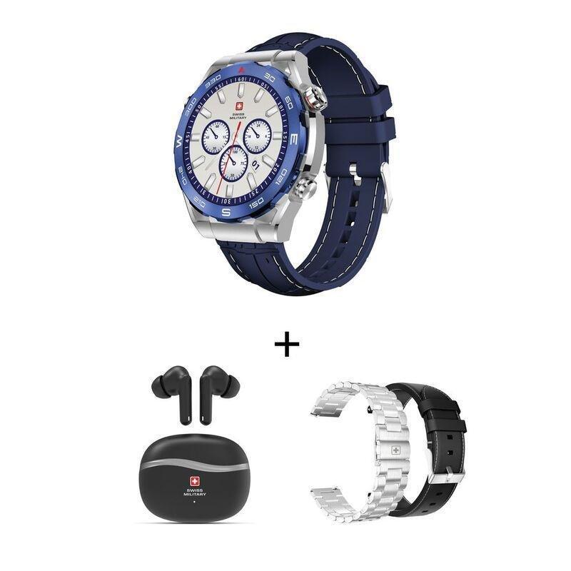 Swiss Military DOM3 Blue Smartwatch + Watch Straps + Victor 4 ANC Wirless Earbuds - White (Bundle), , large image number 0