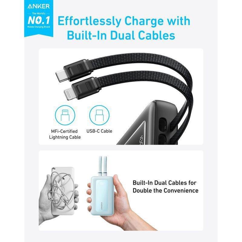 Anker Power Bank 20000 Mah 30W/ Built-In USB-C + Lightning Cable - Black, , large image number 0