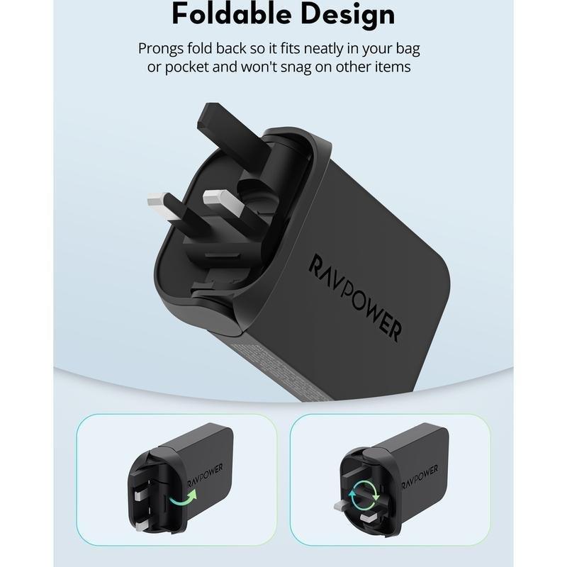 RavPower PC1079 Foldable Plug Wall Charger GaN 65W 2C - Black, , large image number 0