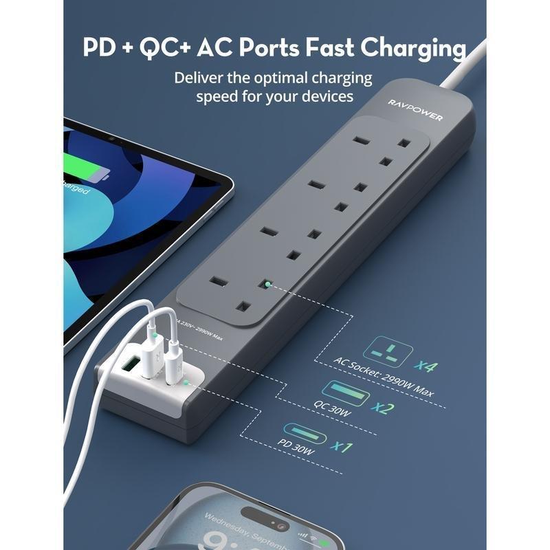 RavPower PC1039 PD30W 4 AC 2A 1C Ports Power Strip 3m - Black, , large image number 1