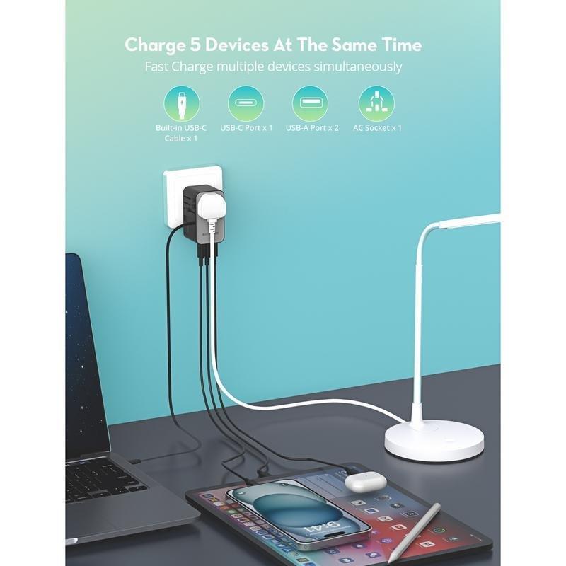 RavPower PC1061 PD 70W GaN Travel Charger With Retractable C Cable - Black, , large image number 1