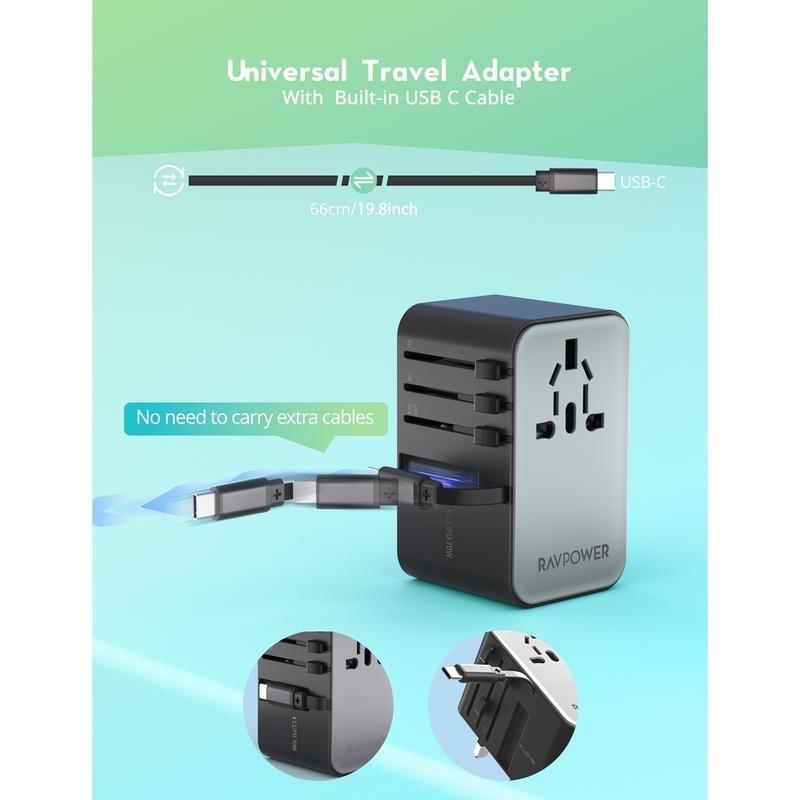 RavPower PC1061 PD 70W GaN Travel Charger With Retractable C Cable - Black, , large image number 2