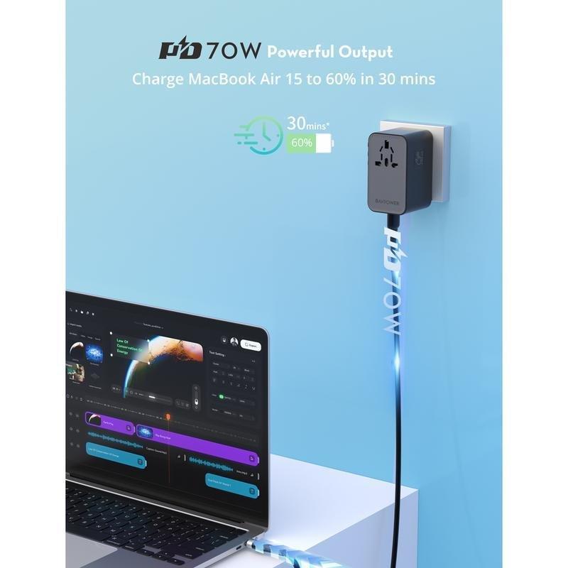 RavPower PC1061 PD 70W GaN Travel Charger With Retractable C Cable - Black, , large image number 3